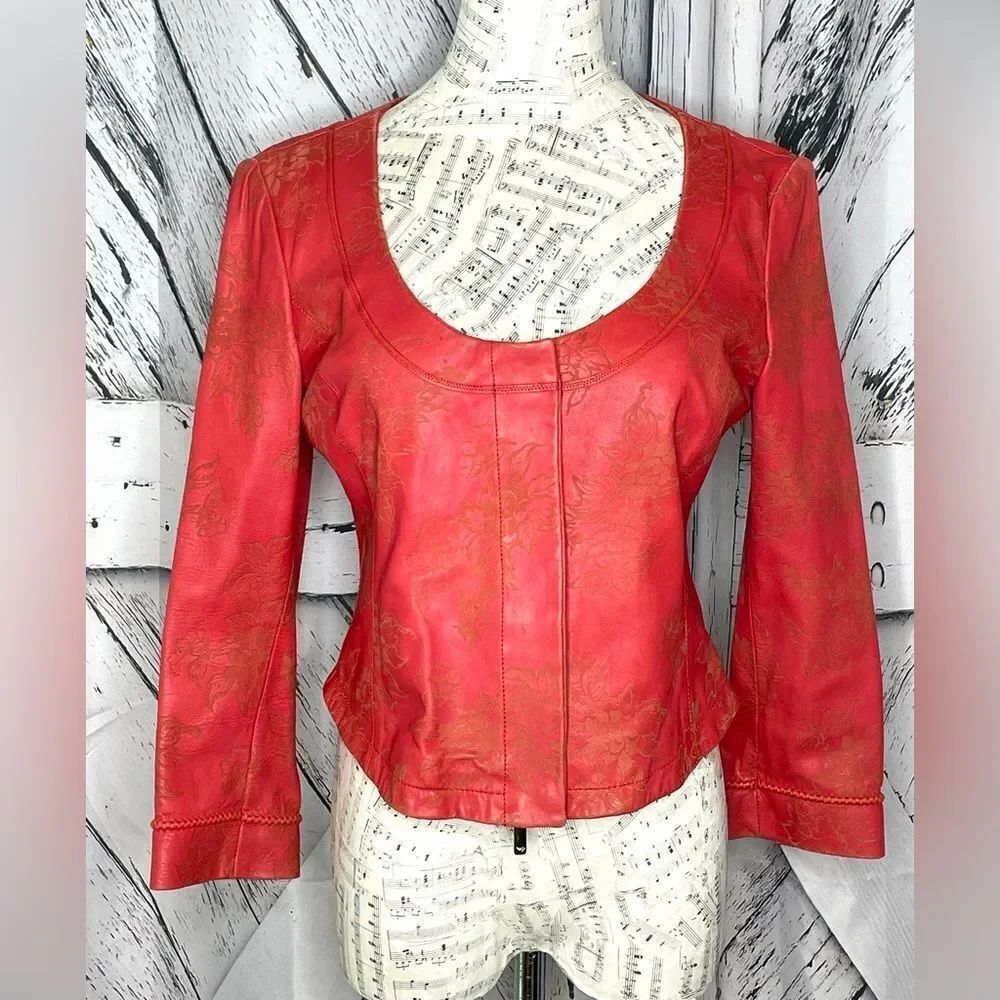 Emporio Armani Red Leather Embossed Jacket Cropped EU 46